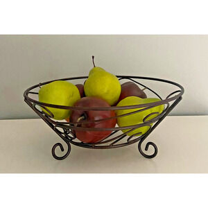 Oil Rubbed Bronze Scroll Design Fruit Basket, With 6 Pieces Of Fruit, 4.5"H